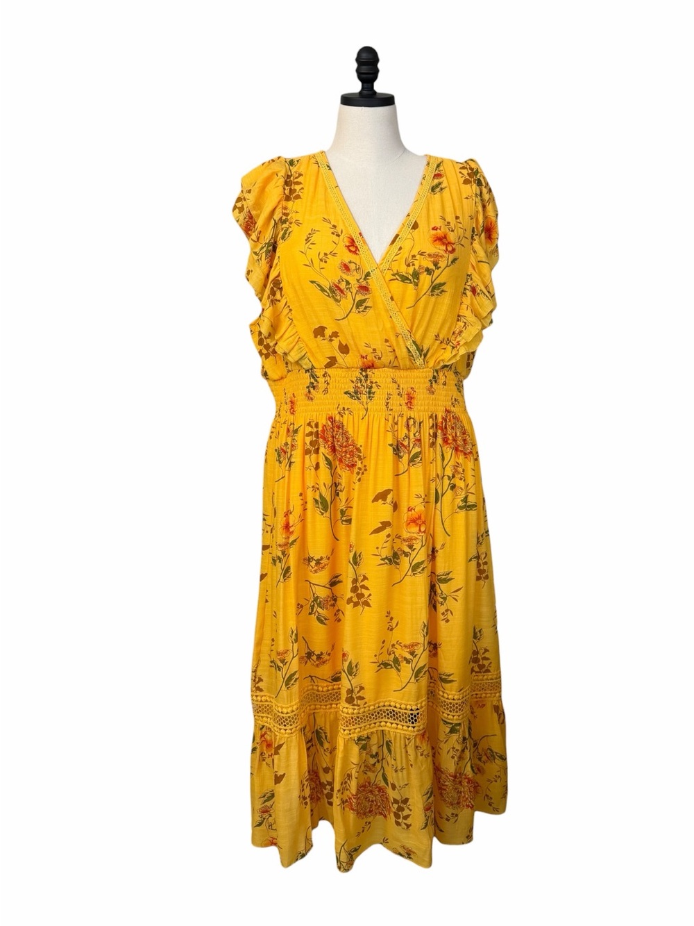 J GEE Floral Maxi Dress Size 3X Mustard Ruffle Sleeve Smocked Waist Boho NWT